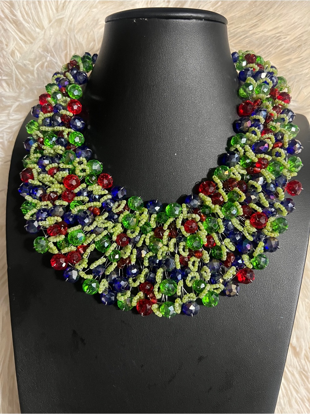 Handcrafted Multicolor Beaded Statement Necklace - Green, Blue & Red